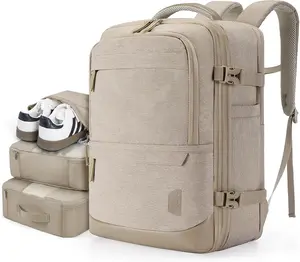 Compression Travel Backpack, 40L Expandable Carry On Backpack with Packing Cubes, Water Resistant Weekender Backpack Fits 17 Inch laptop, Large Overnight Luggage Daypack with Shoe Bag, Khaki