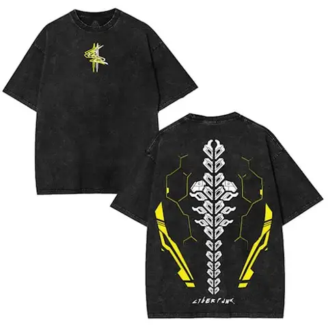 Men's Unisex Cyberpunk 2077 Valentine Short-Sleeve Oversized Vintage Washed Heavyweight Ribbed Soft Cotton Tshirt Top - Double-Printed Anime Manga Apparel, Seamless Fabric Gift for Anime Fans (2XL Option)