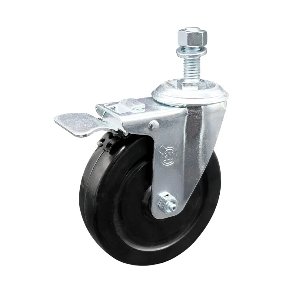 Service Caster SCC-TSTTL20S514-HRS-121315 Hard Rubber Swivel Threaded Stem Caster Unit, 5x1.25 in Black Wheel, 0.5 in Stem, Total Locking Brake, 300 lbs Load Capacity, Chemical Resis, Bolt Hole, for Material Handling Equipment, Shop Projects, 5 X 1.25 In