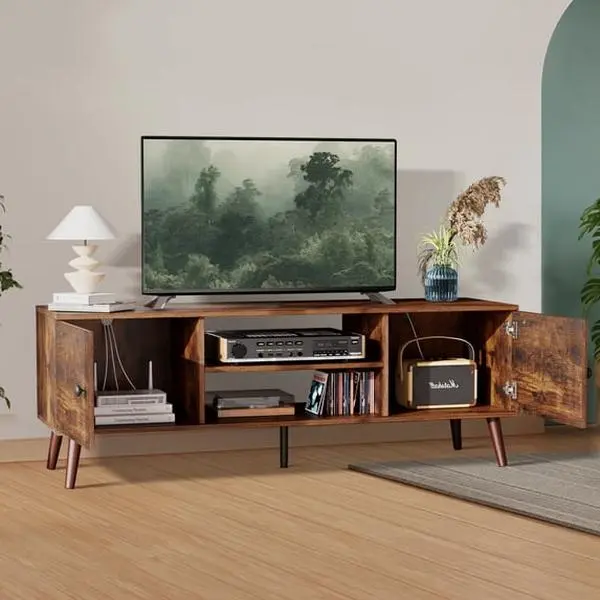 GIANNA TV Stand for TVs up to 60", Modern Mid Century Entertainment Center with Storage, 2 Cabinet Media Console Table, Vintage Brown