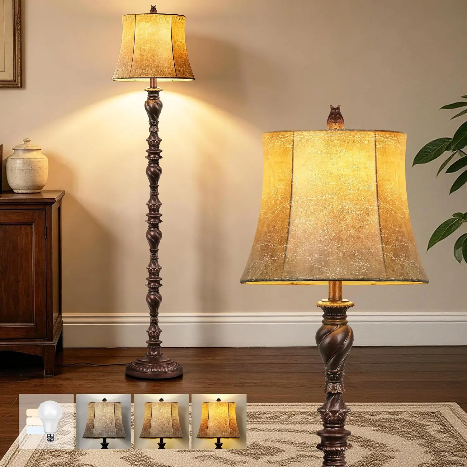 Vintage 64” Tall Floor Lamp for Living Room Bedroom, Retro Resin Carved Standing Lamp with Faux Leather Shade, Rotary Switch Rustic Corner Light for Home Decor(Dark Brown)