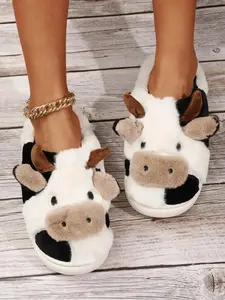 Cartoon Cow Cotton Slippers for Women Fuzzy Cute Animal Cartoon Fluffy Plush Comfy House Slippers Winter Indoor Outdoor Slippers for Women Men Gift Idea