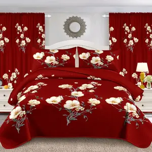 Luxury elegant 5 piece burgundy flower king size bedding