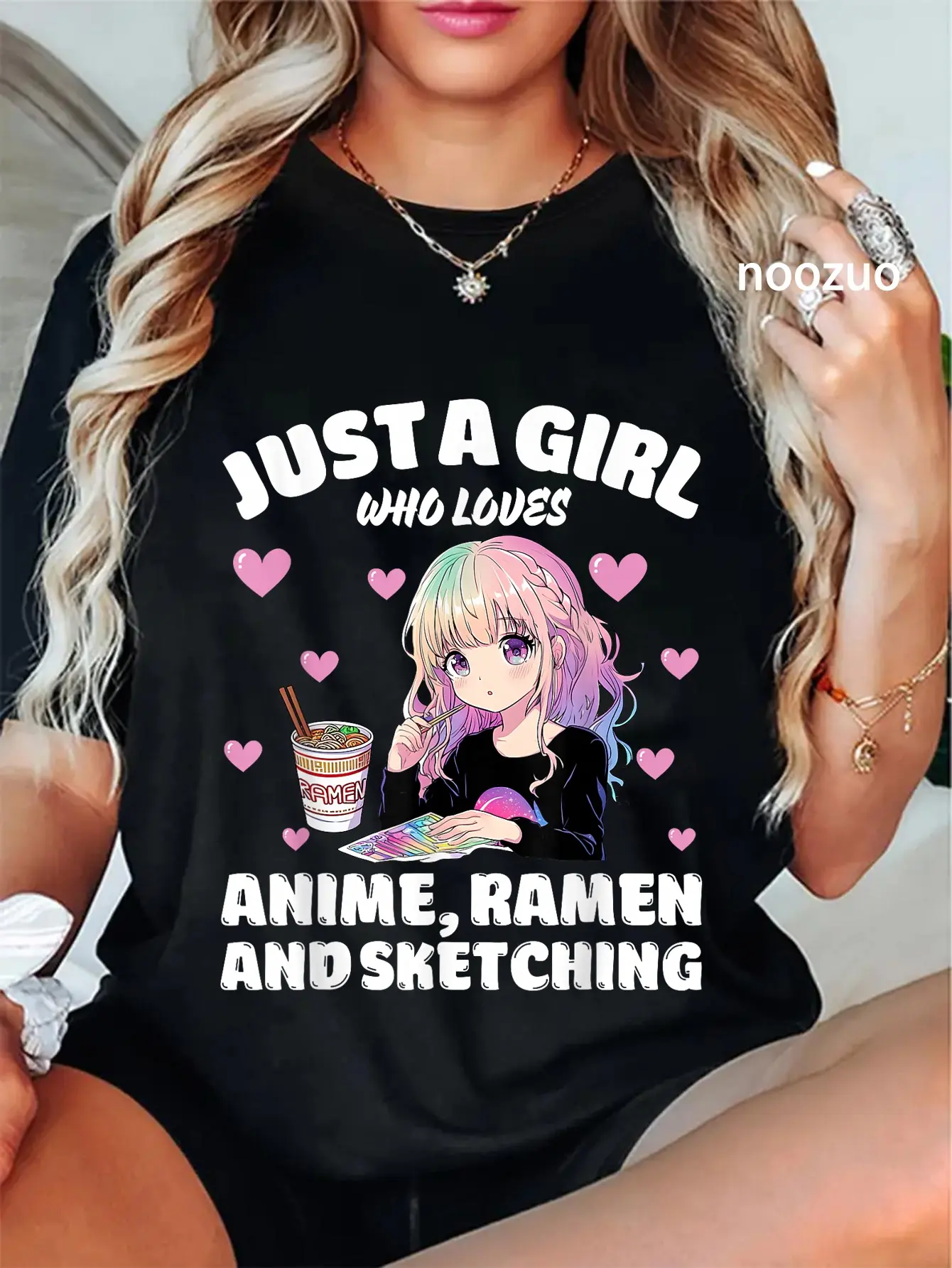 100% Cotton Unisex Just A Girl Who Loves Anime Ramen And Sketching, Japan Anime T-Shirt Casual Top