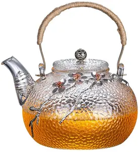 ZENATION Japanese Style hammered glass exquisite 900ml tea pot, with tin and copper plum blossom decoration Classic Metal Borosilicate Cup Handmade Insulation Serving Spout