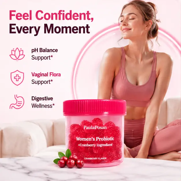 PaulaPosan Women's Cranberry Probiotic Chewable Vitamin Gummies - Vegan, Gluten-Free, Hypoallergenic Adult Supplement, Gut & Digestive Health Support, Clean Ingredients, 200g, 40 Count, 24 Months Shelf Life, Adults