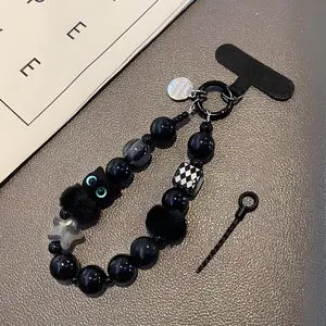 Cat Eye Crystal Phone Lanyard, Plush Cat Beaded Wristband & Keychain, Stylish Accessory for Bags and Keys, Perfect Gift Idea