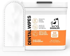 DogsLife Dog Dental Finger Wipes, 50-Count Dog Oral Care Supplies for Tartar Removal, Bad Breath Fighting, Infused with Natural Aloe Vera & Peppermint Soothing Ingredients
