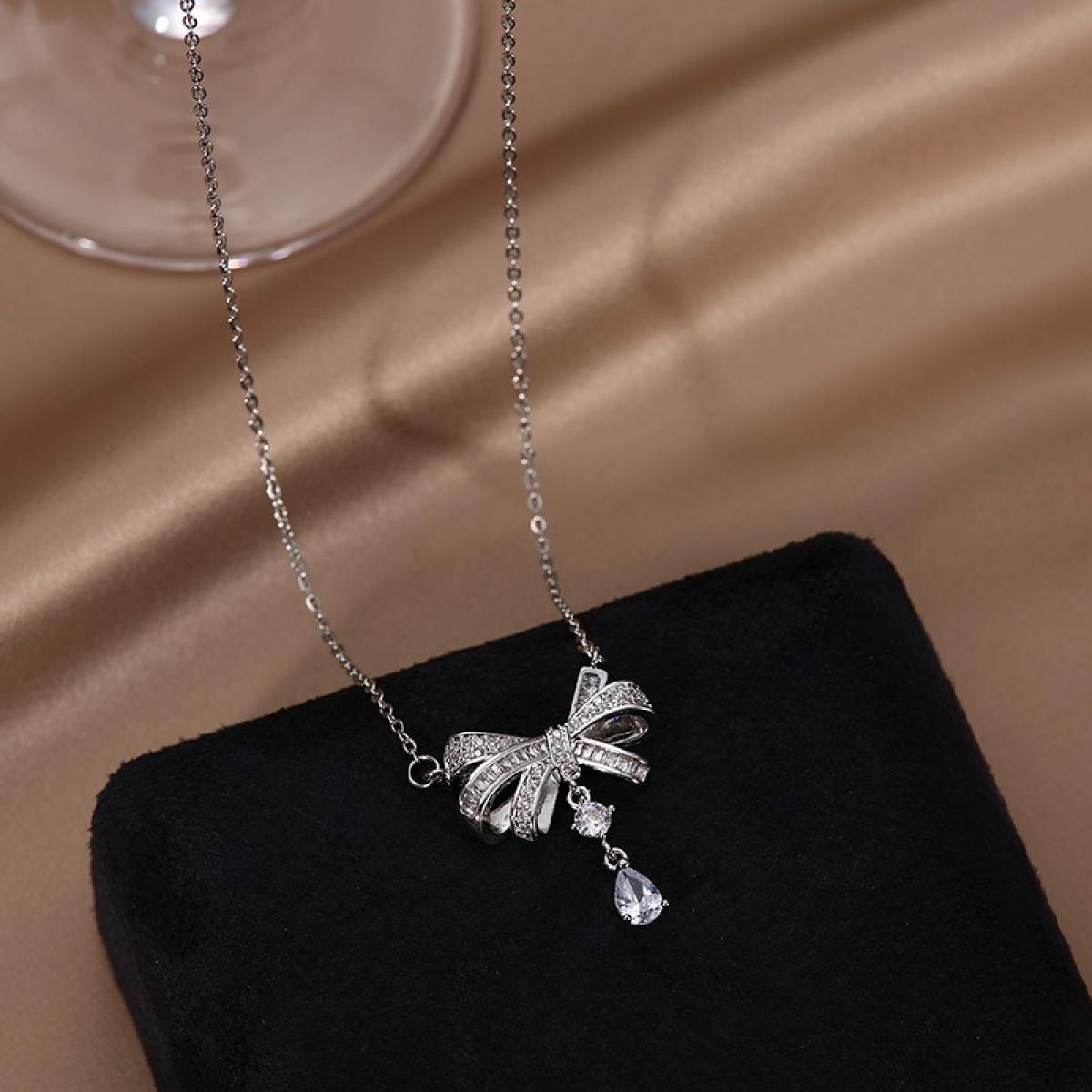 Cute Bow Shape Sparkle Drop Necklace, Smooth Delicate Link Chain, Elegant Feminine Statement Jewelry, Stackable Everyday Accessory, Thoughtful Gift for Fashion Lovers