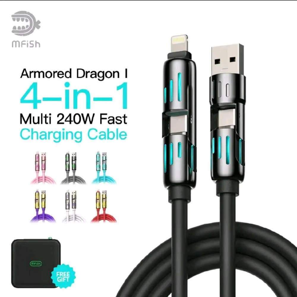 MFish 4-in-1 Durable Fast Charger, 240W Multi-Port Cable with USB-A, Type-C, Lightning Connectors for iPhone17, Samsung Mobile/ Cellphone, Smartphone Devices & Laptops (Liquid Silicone)