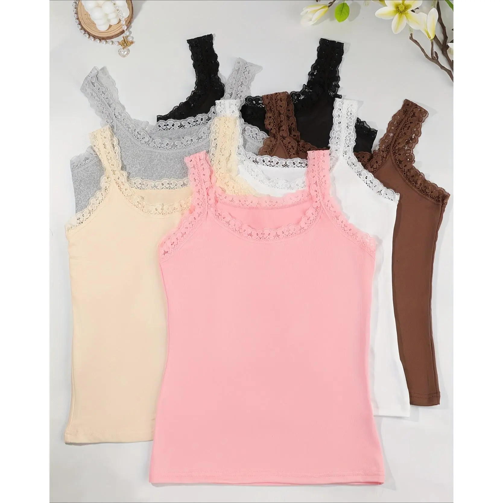 3pcs/6pcs black+white+gray+brown+pink+beige Women's Lace Camisole Vest for Outer Wear, Slim Fit, Thin And Sexy Lace Base Shirt for Inner Wear, Solid Color Vest for Women Soft Basic Layering Tops for Women