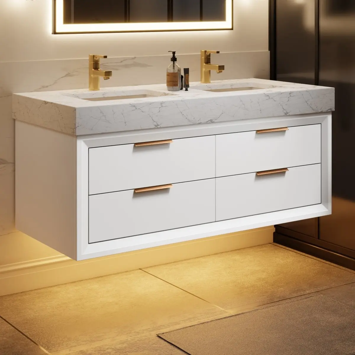 Glam 48" White Contemporary Bathroom Vanity with Dual Sinks, Stone Slab Countertop, and Lights