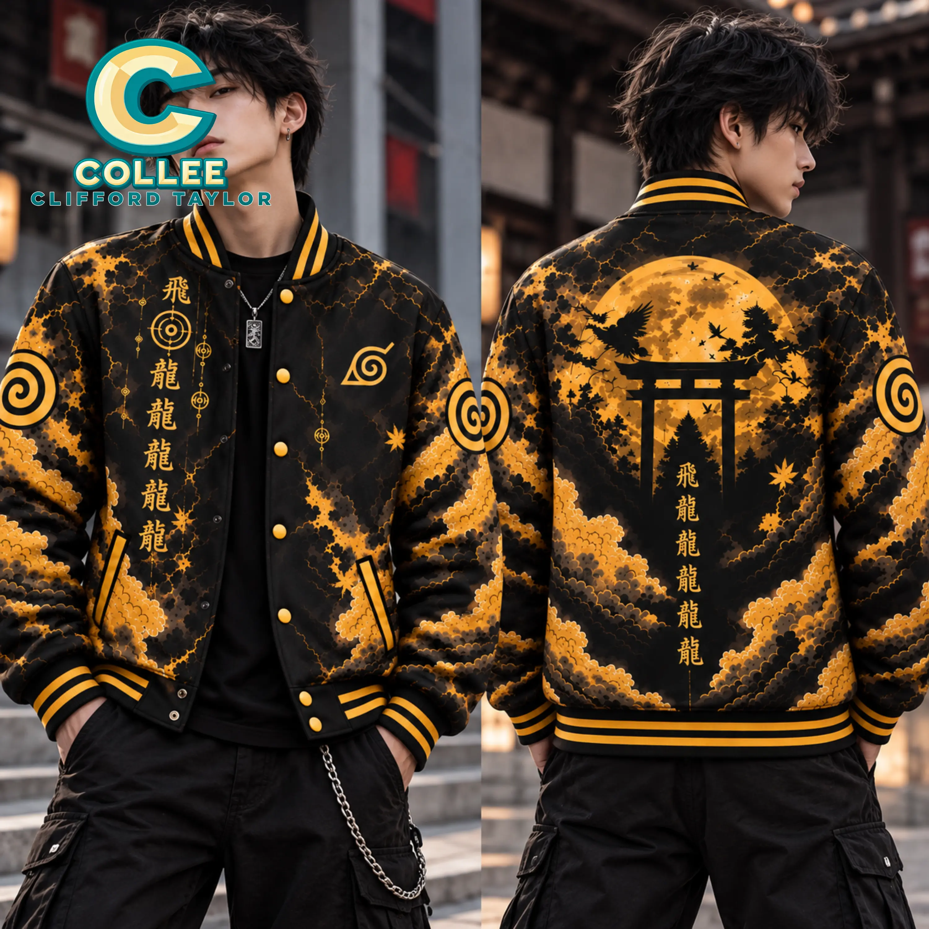 Naruto Inspired Golden Moon Varsity Jacket – Black & Gold Anime Graphic Baseball Jacket, Konoha Symbol, Japanese Torii & Dragon Design, Unisex Y2K Streetwear Bomber Coat