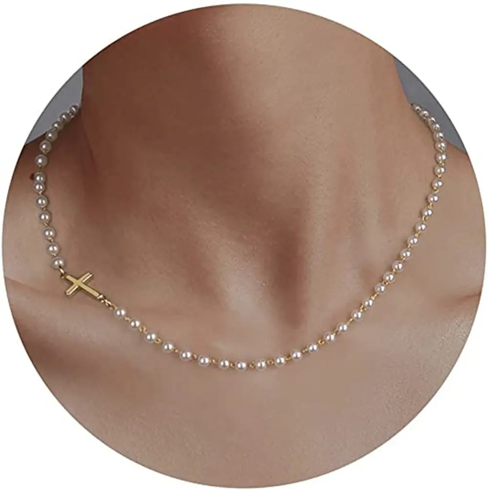Loyalove Simple Cross Pendant Choker Necklace Dainty Tiny Cross for Women Girls Christmas Gift All-match Exquisite Jewelry Shell Pearls 2inch Extension Chain For Winternfashion Christmas