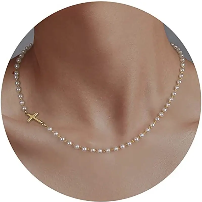 Loyalove Simple Cross Pendant Choker Necklace Dainty Tiny Cross for Women Girls Christmas Gift All match Exquisite Jewelry Shell Pearls 2inch Extension Chain For Winternfashion Christmas