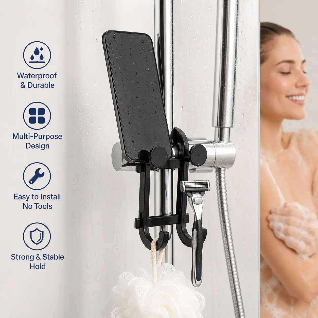 1 Count Multi-purpose Hook, Dual Function As Phone Stand, for Bathroom Shower Rod Glass Door to Hang Shower Loofah, Razor and Small Daily Items