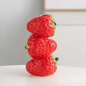 Cute Strawberry Figurine Decor Accent Piece, 7.8 inches Ceramic Strawberry Decor, Red Ceramic Bud Vase Dining Table Centerpieces for Home and Kitchen, Spring Summer Fruit Theme Vase