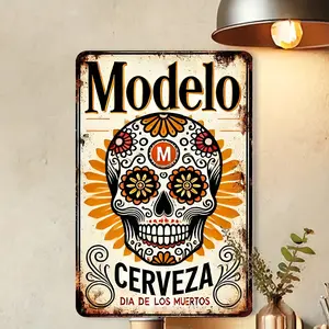 Modelo Cerveza Day of the Dead Skull Art Aluminum Sign Plaque - Wall Hanging Decor for Home, Bar, Restaurant, Cafe, Garage - Multipurpose English Language Wall Art Decor - 8x12 Inch