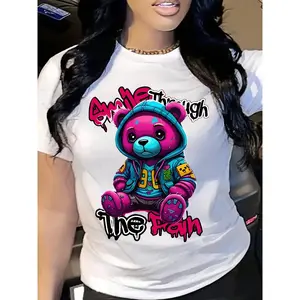 Women's "Smile Through The Pain" Graffiti Bear Print Crew Neck Short Sleeve T-Shirt, Street Style Trendy Casual Top, Comfortable Material for All Seasons