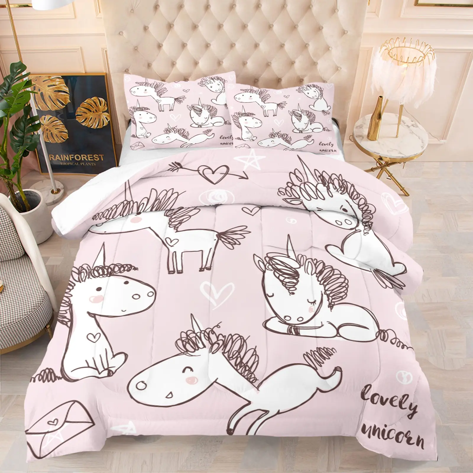 Cute Cartoon Unicorn Comforter Set, Decorative Bedding for Kids and Teens, Girls' Dormitory, 2/3pcs, Adorable Design