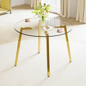 Modern Minimalist Circular Transparent Tempered Glass Dining Table - Tempered Glass Top, Golden Metal Legs, Easy Install, Suitable for Kitchen and Dining Room
