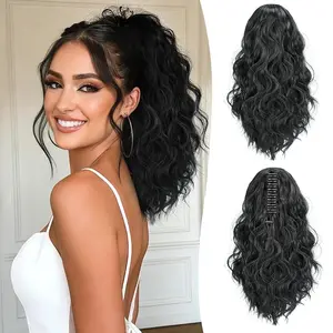 Claw Clip Ponytail Extension for Women Clip in Pony Tail Light Brown with Blonde White Synthetic Short Curly Wavy