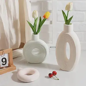 Bohemian Style White Flower Vases Handmade Ceramic Decorative Vases for Home Decor 2 Pieces Set with Unique Circular Design