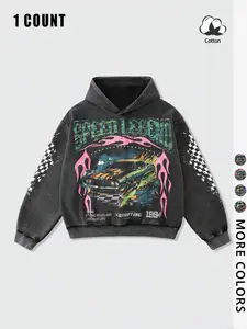 Unisex Vintage Racing Style Hoodie, Speed Legend Washed Cotton Flame Graphic Print, Checkered Chessboard Sleeve Patch, Streetwear, Everyday Casual, Fit, Pullover, Sweatshirts, Car Culture Lover Gift