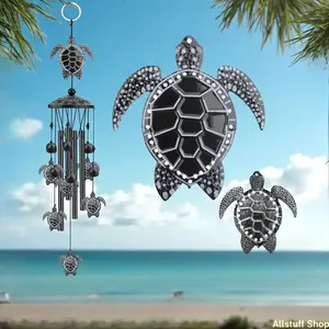 Sea Turtle metal Wind Chimes For Outside — Coastal Vibe Home Decor with 4 Aluminum Tubes and 6 Lucky Tortoise windchimes for Indoor Outdoors Garden Yard Patio (Black)