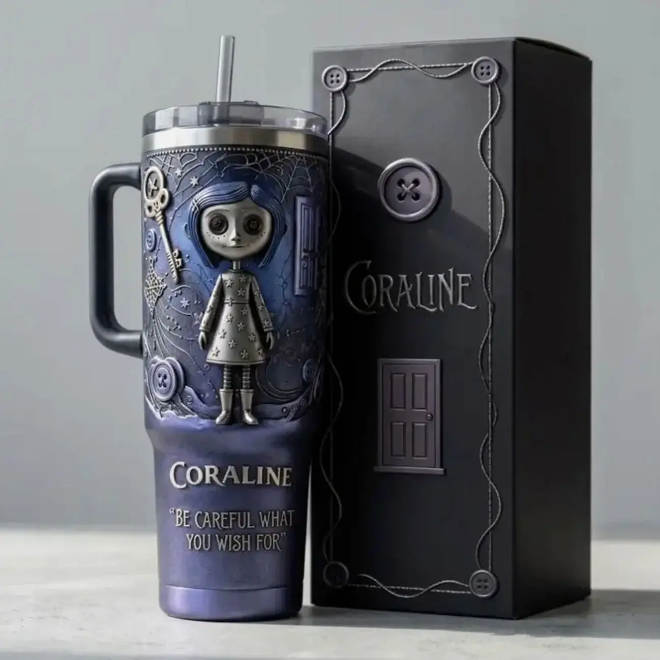 Coraline 40oz Tumbler With Handle & Straw,Dark Fantasy Animated Movie Theme Cup, Curious Blue-Haired Heroine Fan Gift, Spooky Adventure, Halloween Stainless Steel Flasks, Birthday Gift, Coffee & Water Mug, Large Capacity Car Cup, Vacuum Double Wall
