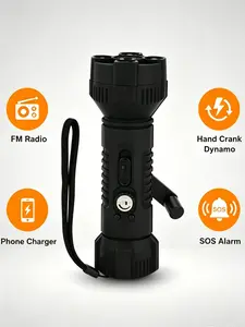 Hand-Crank Powered Emergency Flashlight with Radio, Alarm & Phone Charging for Camping & Outdoor