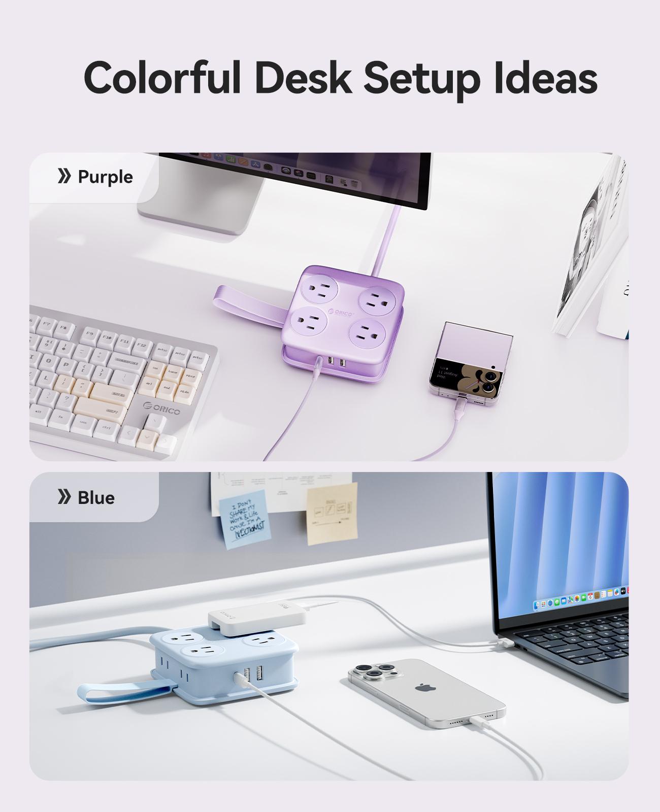 ORICO Power Strip is Designed for Desktop, 5 Ft Extension Cord with 3 USB Ports, 4 Side Outlet Extender & Flat Plug, 11 in 1 Charging Station for Home/Office/Dorm--AP3-8A