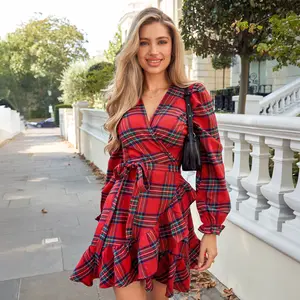 CUPSHE 【Valentine's Day】 Adorable Red Plaid Blouson Sleeve Ruffle Cuff Wrap Mini Dress Vneck Casual Womenswear Casual Fall Dress 2025 Homecoming Dress