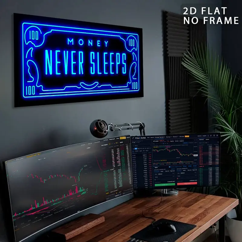 Money Never Sleeps Neon-style Wall Art, 1 Count Unframed Inspirational Canvas Wall Art, Motivational Wall Art, Vibrant Wall Art, Modern Home Decoration, Decoration Items