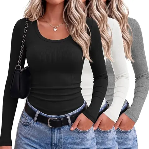 Ekouaer Women's Gifts Cozy Ribbed Minimalist Thermal Top - Long Sleeve, Scoop Neck, Fitted, 2025 Fall Casual, Medium Weight, Polyester-Elastane, Solid, Machine Washable, XS-XXL Sizes, Tops for Women, Long Sleeve Tops,sohochic