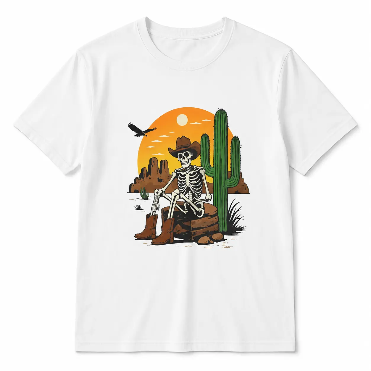 Men's Cowboy Skeleton Desert Graphic T-Shirt, Western Sunset Crew Neck Short Sleeve Cotton Tee