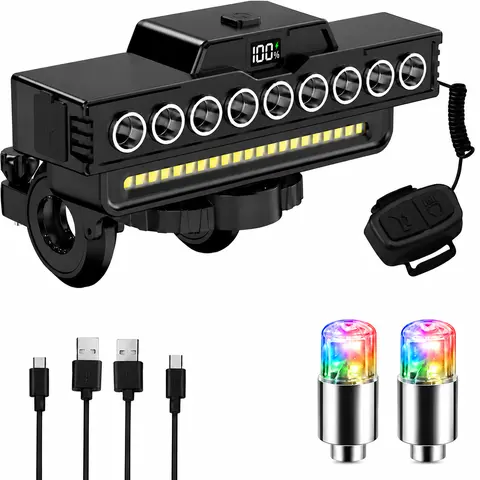 USB Rechargeable Bicycle Headlight with 9LED Horn, Digital LED Display, USB Port, High Lumens, IPX5 Water Resistance, Bike Accessories Set for Bike Enthusiasts, Night Visibility Outdoor Cycling Use