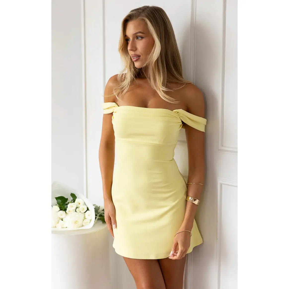 Zoella Yellow Off The Shoulder Crepe Mini Dress