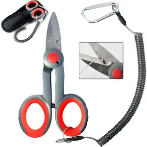 BXIO Fishing Scissors with Fishing Lanyard and Nylon Sheath, Braided Line Tools, Heavy Duty Anti-Slip Fiber Cable Cutter, Stainless Steel Fishing Pliers Scissors with Grinding Hook Tool
