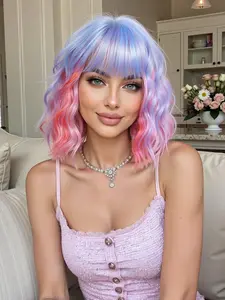 Blue Mixed Short Curly Wig, 12 Inch Full Bangs Barbie Cosplay Wig, Heat Resistant Fiber Rose Net, Perfect for Holiday Costume, Synthetic Wigs, Synthetic Hair Wig