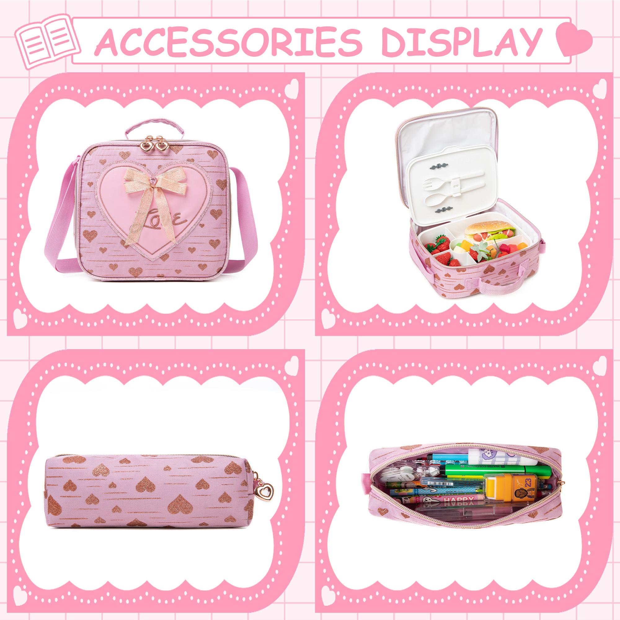 Chic Pink Heart Rolling Backpack 3-in-1 Set | Cute Glitter Bow Girls School Bag with Wheels, Insulated Lunch Tote & Pencil Pouch | Magical Wheeled Bookbag Gift for Kids