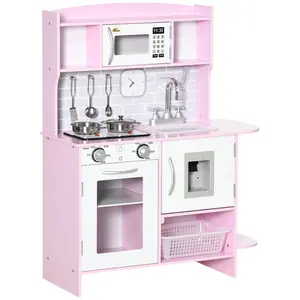 Qaba Pretend Play Kitchen with Sound Effects and Stove Lights, Kids Kitchen Playset with Storage, Water Dispenser for 3-6 Years Old, Pink