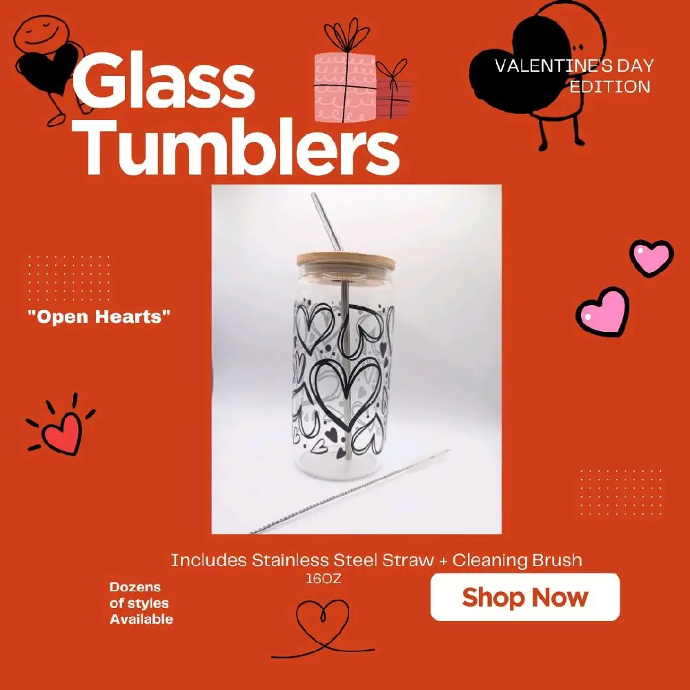Open Hearts Galentine Valentine's Day Glass Tumbler with Stainless Steel Straw for Iced Coffee & Cocktails 16oz Single AF Edition and Lid Cup Can-Shaped Reusable Wide-Mouth Monogrammed Customized Set