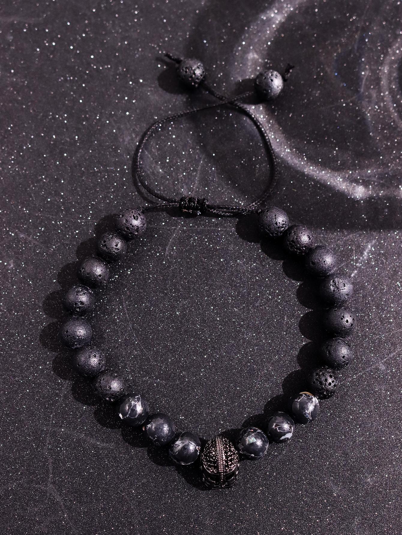 Pair of stylish, minimalist, luxurious, unique, cool, and refined bracelets featuring a Spartan helmet design and volcano stone beads for men—ideal for everyday wear, holidays, parties, and streetwear jewelry.