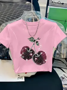 Women's Y2K Style Cherry Sequins Short Top, Bright Sleeveless T-Shirt Round Neck with Shiny Letter a Design, Soft Stretchable Stretchy Casual Wear
