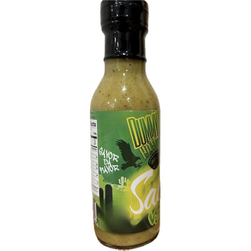 Dummy Hot Salsa Verde Green Tomatillo Hot Sauce 74 Servings Made in Oakland Garlic and Serrano Peppers Low Sodium 20mg per Serving 3 Calories per mL Flavor