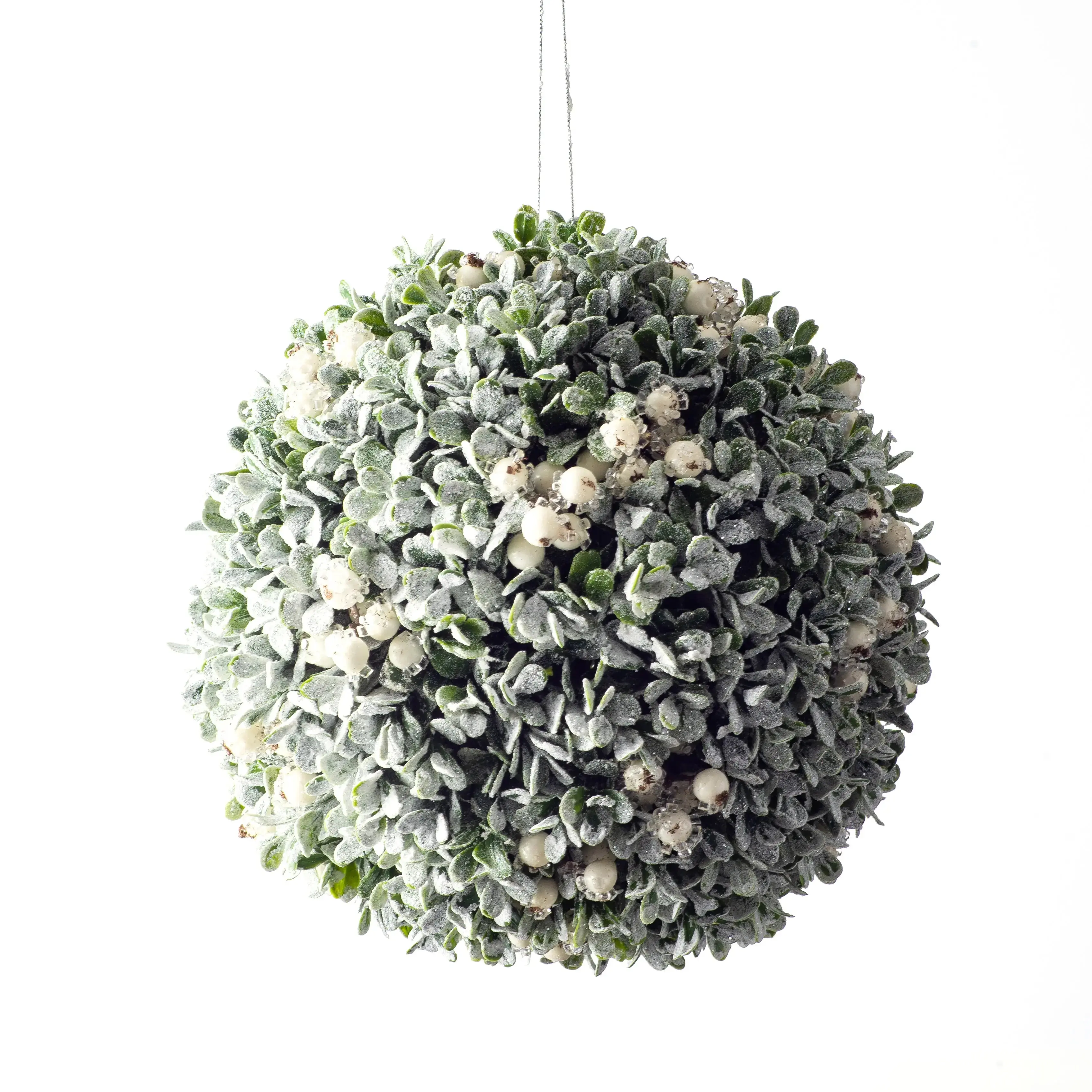 9" Diameter Lifelike Artificial Hanging Flower Christmas Topiary Kissing Ball - Home Decor Accessory with Snow-Flocked Boxwood, Holiday White Berries, Sugar Glitter for Room Decor, Indoor Plants Accent