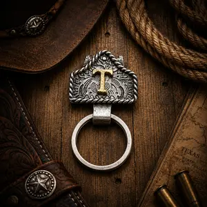 Handmade Cow Tag Belt Key Holder with Copper Initial – Custom Western Keychain for Men & Women, Texas-Inspired Cowboy Keychain, Fashion Accessory for Bags, Keys & Gifts