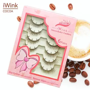 iWink Cocoa 3D Strip Lash Extensions, 6 Pairs Medium Brown D Curl Ultra-Thin Hand-Tapered Short Dolly Handmade Lashes for Natural Volume with Free Glue Eyeliner