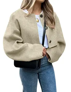 Women's Cropped Wool Blend Pea Coat Short Jacket Peacoat Long Sleeve Button-Down Crop Jacket